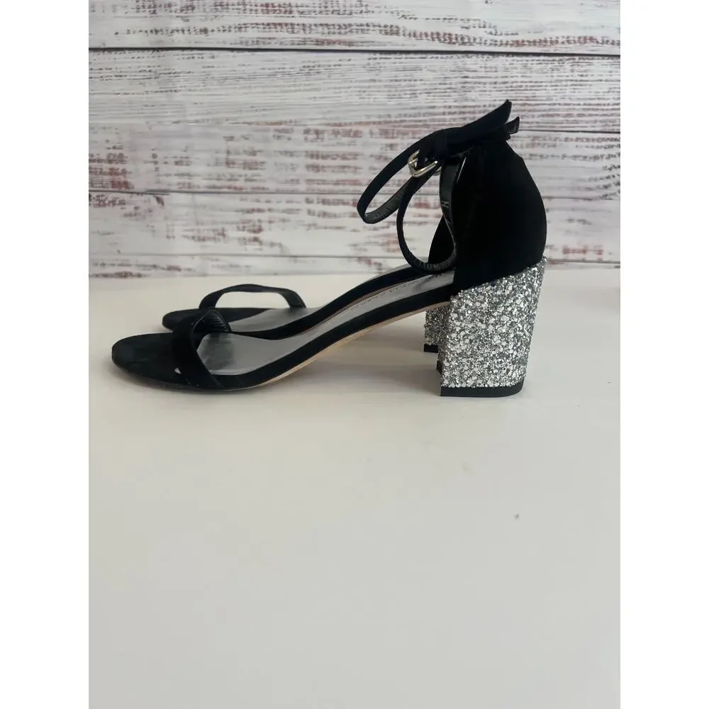 Stuart Weitzman Simplemid black suede silver glitter block heel size 9